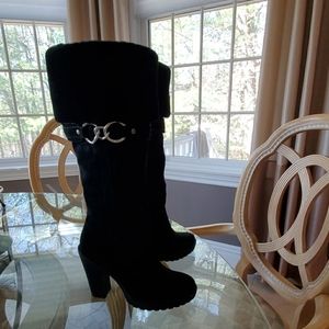 Coach Luci Sig Black Suede Leather Fur Boots 7M